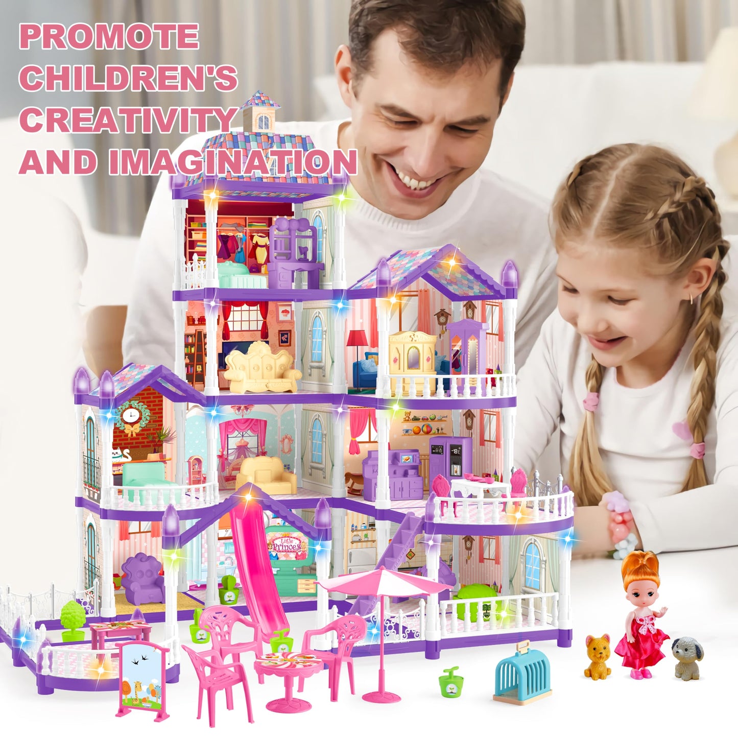 Doll House For Girls,10 Rooms Purple House Toy With Dolls Figure, Puppies,Furnitures, Accessories, Kids Playhouse Gift For For 3