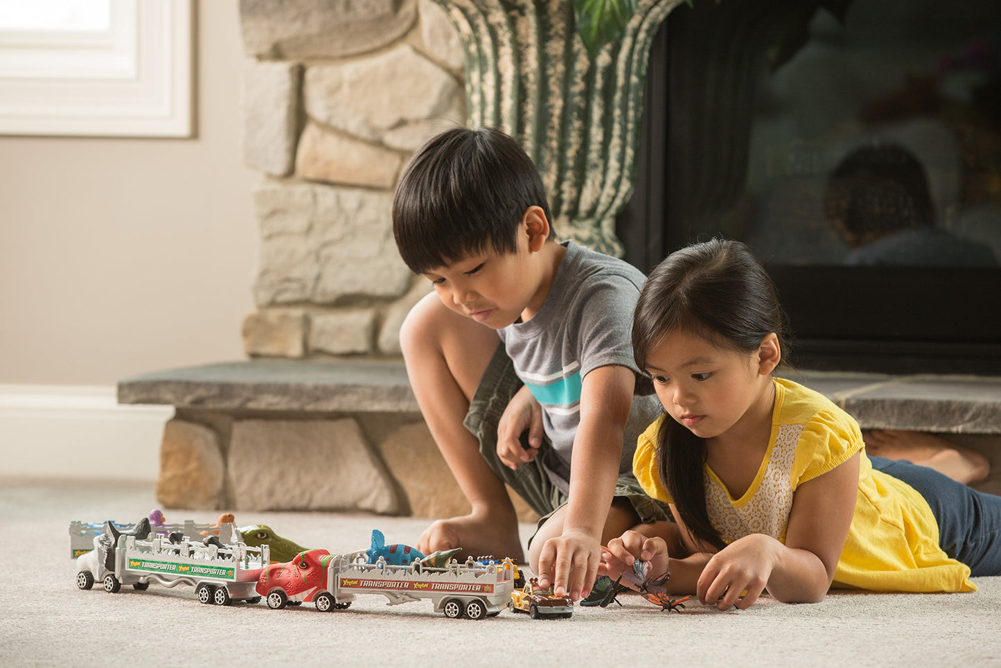 Wild Republic T-Rex Truck, Gifts For Kids, Imaginative Play Toy, Triceratops & Tyrannosaurus