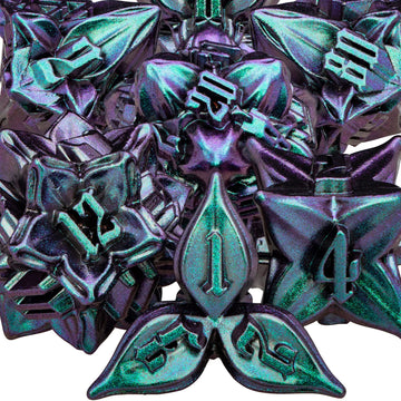 ARUOHHA DND Metal Dice Set Purple Green Dungeons and Dragons Dice with Box, 7PCS Leaf Design D&D Dice Handmade Polyhedral Dice R