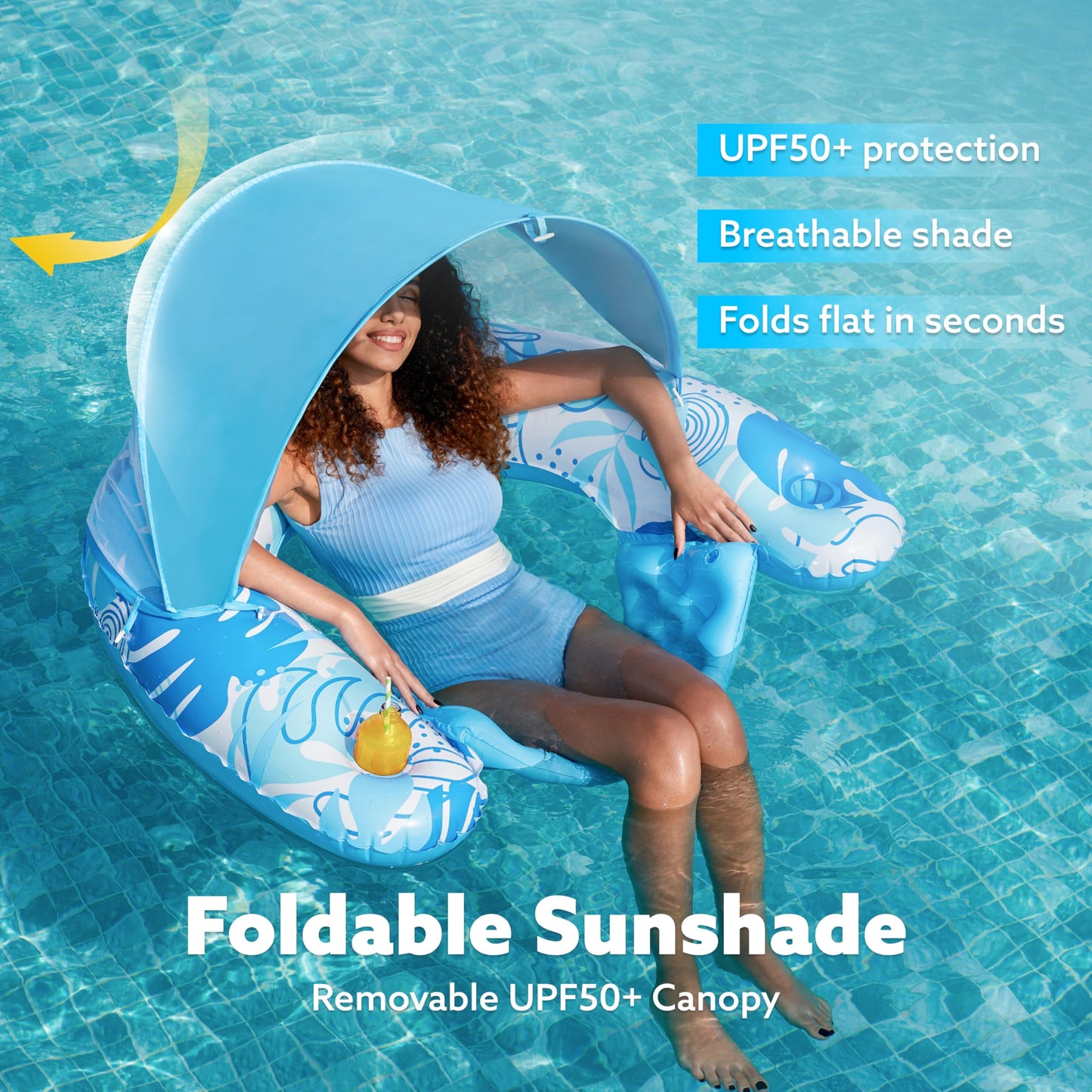 Sloosh Pool Floats with Canopy mature-themed XL Inflatable Pool Lounge Chairs with Cup Holders Floating Chair for mature-themeds Inflatable Floaties with Headrest for Party Beach Summer Water Fun Blue