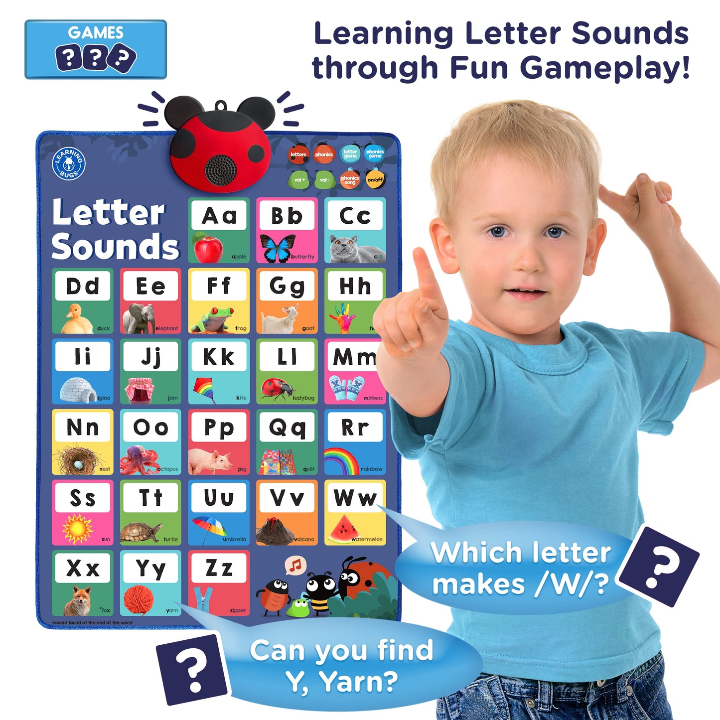 LEARNING BUGS Interactive Phonics Poster for Preschool & Kindergarten, Ages 3+, Model LBP2201, Multi-Color (Red, Green, Blue, Yellow)
