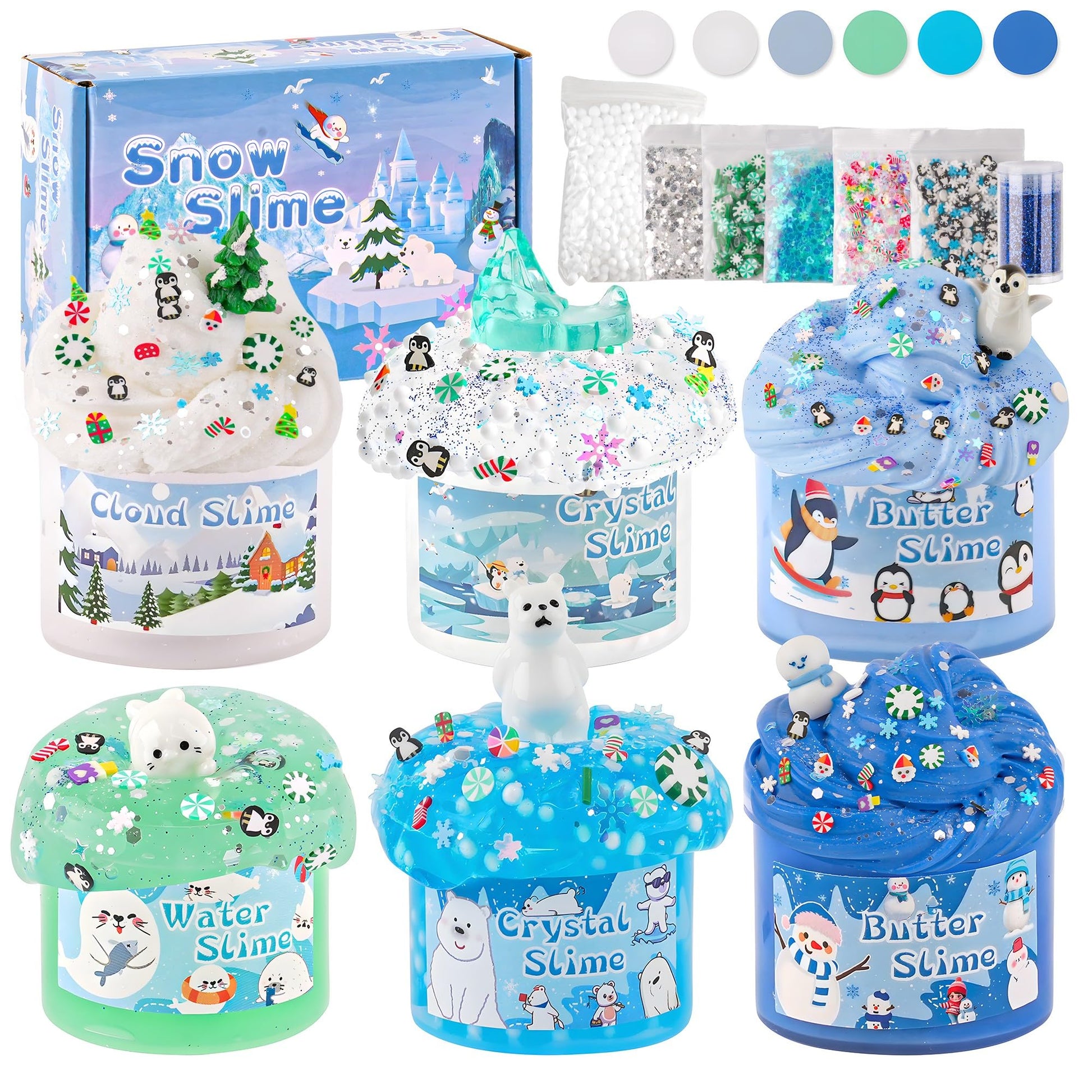 Lawoho 6 Packs Snow Slime Kit - Cloud Slime, Butter Slime, Clear Slime & Water Slime, Crunchy Slime For Kids With Slime Add-Ins, Slime Kit For Girls & Boys Birthday Halloween Christmas Easter Favors