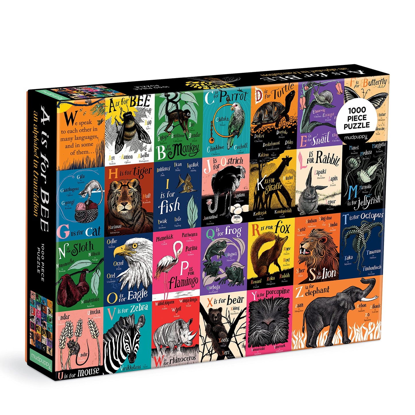 Mudpuppy A is for Bee: an Alphabet in Translation - 1000 Piece Family Puzzle with Unique and Colorful Illustrations of Animals i