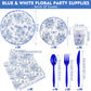 Durony 350 Pieces Blue & White Floral Party Supplies 7 Inch 9 Inch Disposable Elegant Flower Paper Plates Napkins Cups Tableware
