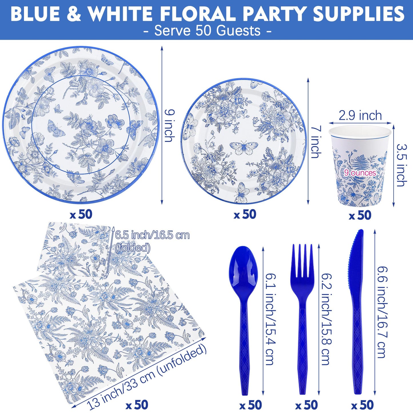 Durony 350 Pieces Blue & White Floral Party Supplies 7 Inch 9 Inch Disposable Elegant Flower Paper Plates Napkins Cups Tableware