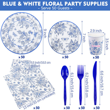 Durony 350 Pieces Blue & White Floral Party Supplies 7 Inch 9 Inch Disposable Elegant Flower Paper Plates Napkins Cups Tableware