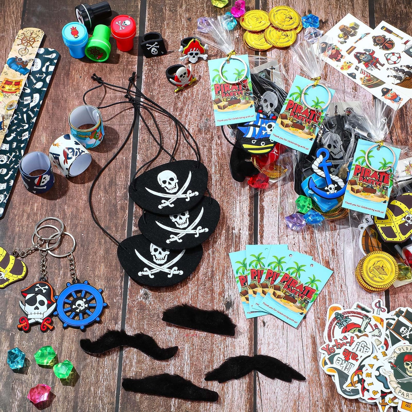 Spakon 280 Pcs Pirate Party Favors Birthday Supplies Decoration Include Pirate Keychain Ring Eye Mask Beard Tattoo Sticker Gold