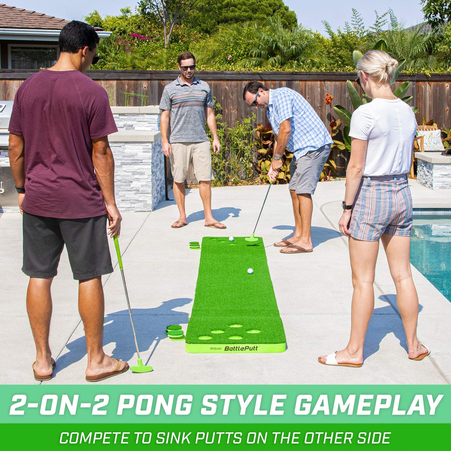 GoSports BattlePutt Golf Putting Game - 11 ft Green Putting Green, 2 Putters & 2 Balls, Foam Material, 2-on-2 Pong Style Play