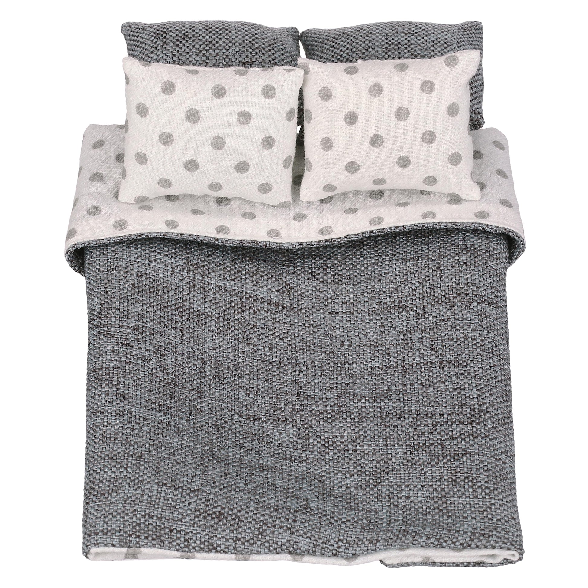 Dollhouse Bedding, 5 Piece Set With Comforter & Pillows, Blanket, Realistic Bedroom Accessories For 6 Inch Dolls, 1/12 Scale, Gray And White Linen