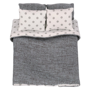Dollhouse Bedding, 5 Piece Set With Comforter & Pillows, Blanket, Realistic Bedroom Accessories For 6 Inch Dolls, 1/12 Scale, Gray And White Linen