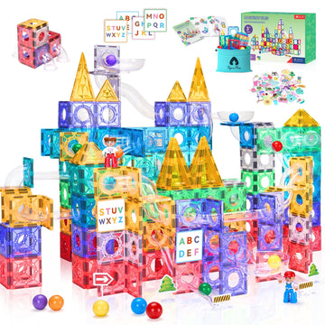 171 Pcs Magnetic Tiles And Marble Run Set, Magnet Building Race Track Toys With Learning Card And Storage Bag For Kids, Stem Edu