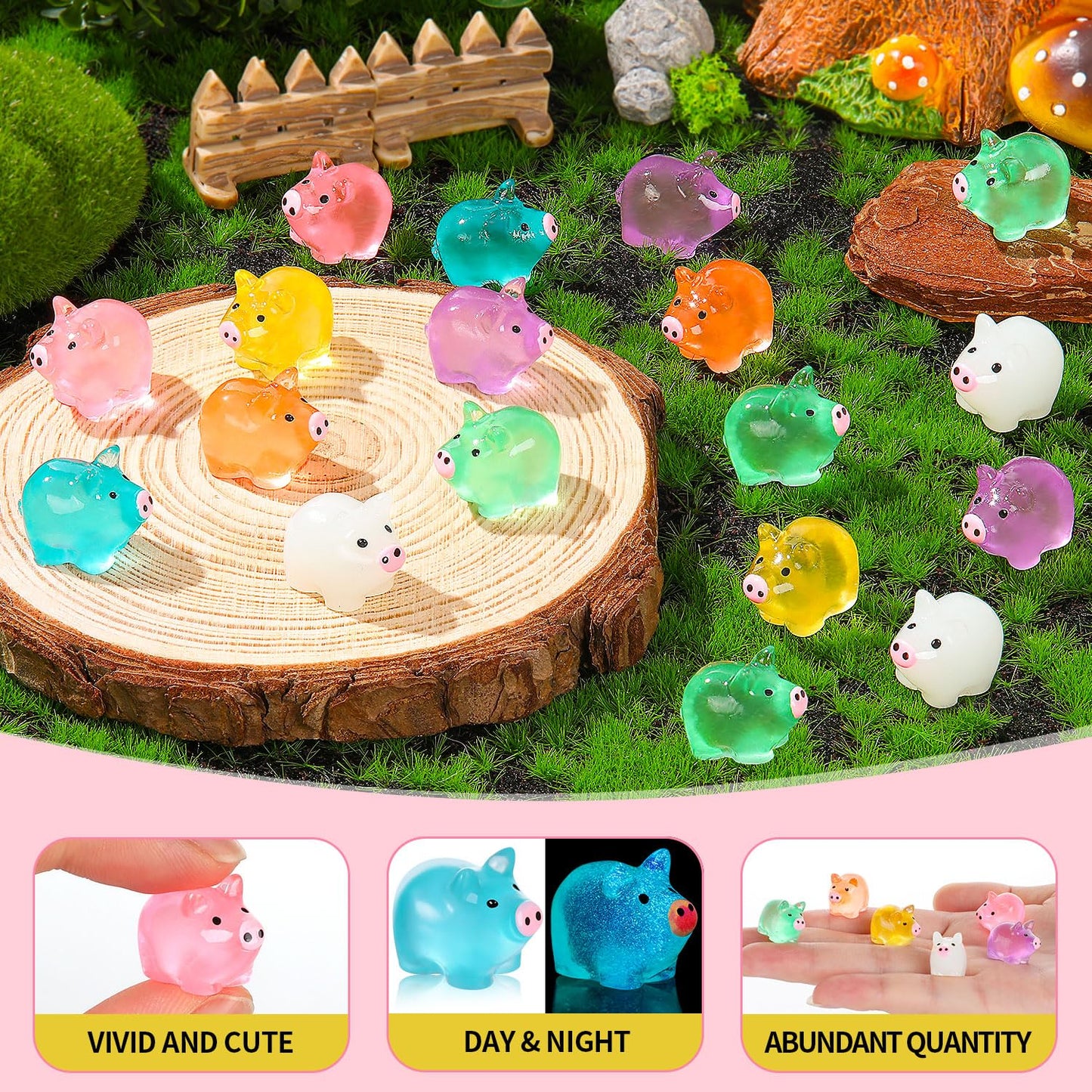 SYWHXY 112PCS Luminous Mini Resin Pigs Cute Mini Pigs Figures Glow in The Dark, Tiny Pigs Miniature Charms Ornament for Garden L