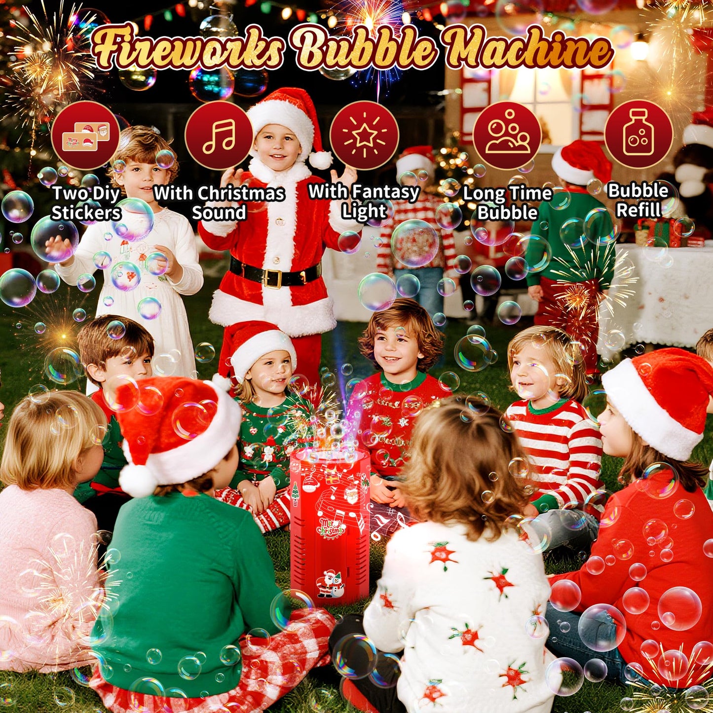 Bubble Machine with Lights and 2 DIY Stickers Christmas Sound Effects Rainbow Bubbles Christmas Toys Stocking Stuffers Gifts for Kids & mature-themeds