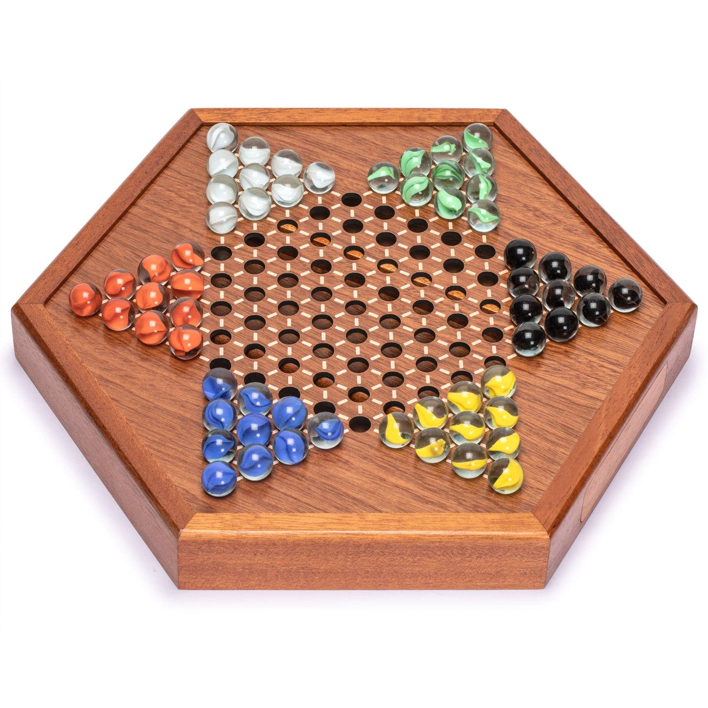 Wooden Chinese Checkers Halma Board Game Set - 12.7 Inches - With Drawers And Glass Marbles - Made By Yellow Mountain Imports