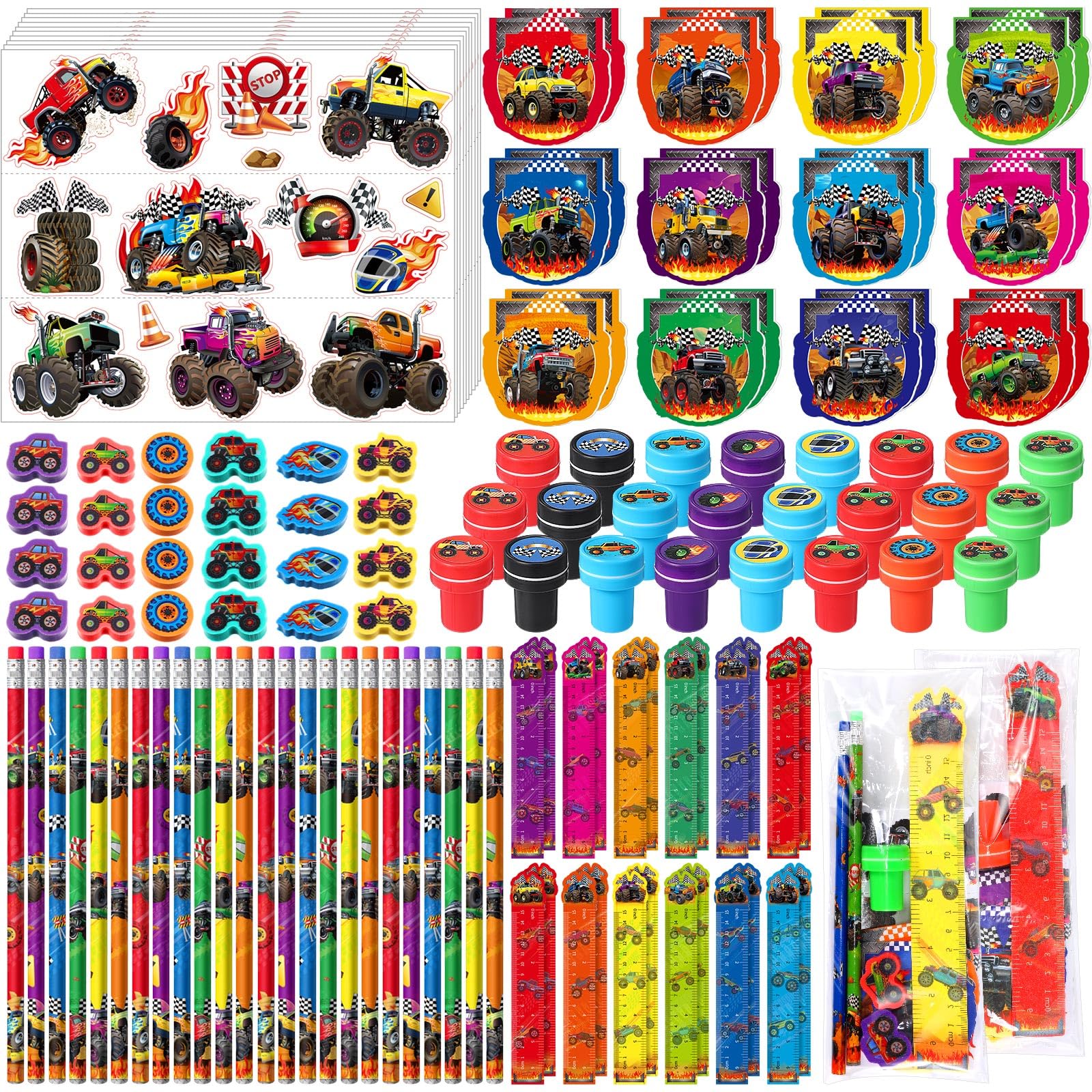 Cholemy 168 Pcs Monster Truck Party Favors Truck Party Supplies Monster Truck Stationery Set Notebook Sticker Stamper Eraser Rul