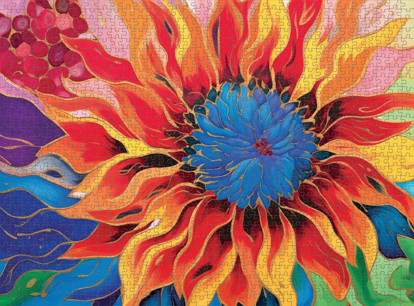 Cross & Glory - Firelit Dahlia's Dance - 1000 Piece Jigsaw Puzzle for mature-themeds | Vibrant Artistry | enhanced Quality | Satin Finish