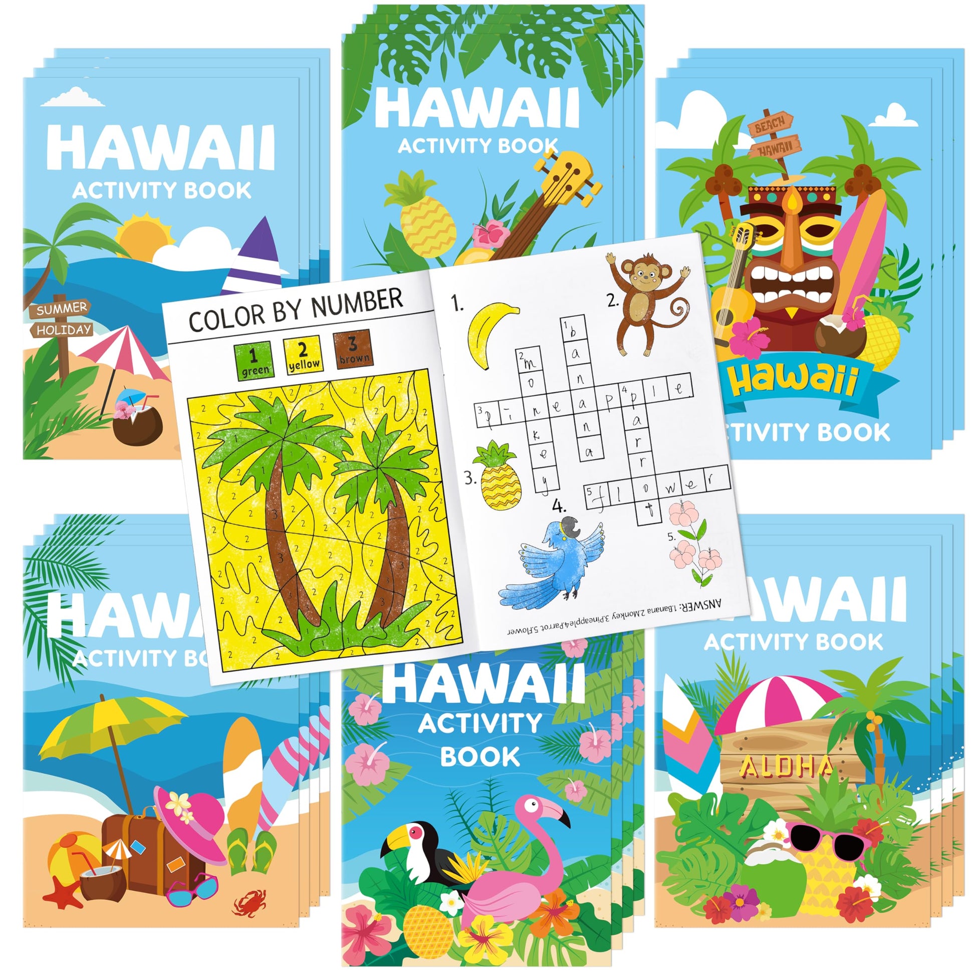 BWkoss Summer Activity Books for Kids-24Pcs Hawaii Mini Games Coloring Book Set Bulk Mazes Word Search Word Scramble Games Bookl