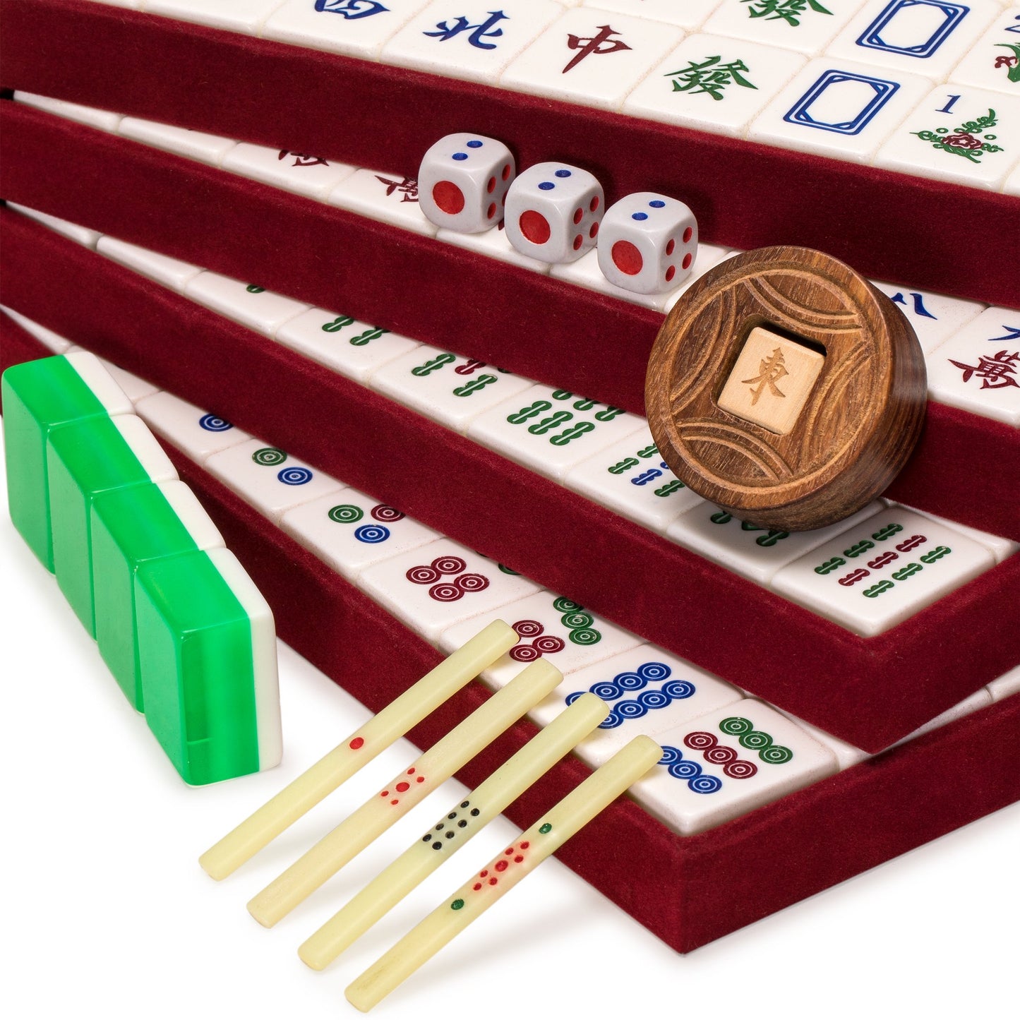 Yellow Mountain Imports Classic Chinese Mahjong Set - 148 Translucent Green Tiles in Emerald Wooden Case, 14.6"x10.8"x2.2"