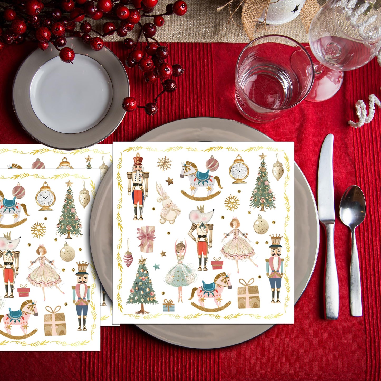 100Pcs Christmas Paper Napkins Nutcracker Disposable 2-Ply Napkins with Ballerinas, Christmas Trees, Horses Design for Bathroom,