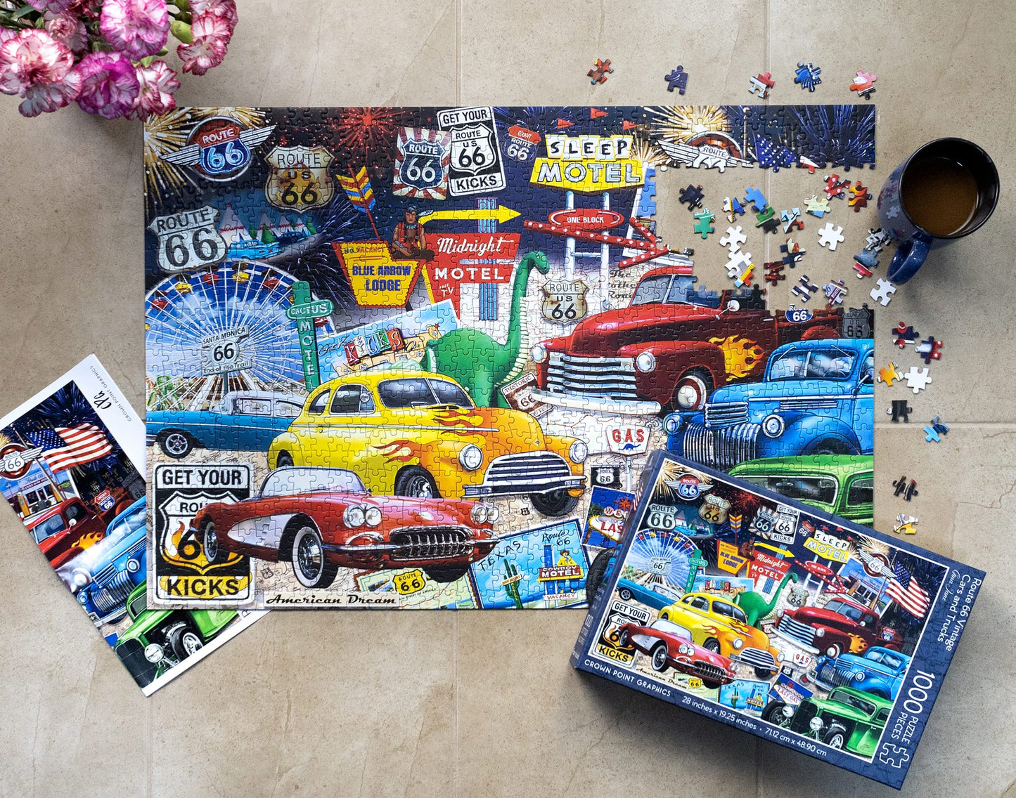 Crown Point Graphics Route 66 Vintage Cars and Trucks Puzzle  1000 Piece Jigsaw Puzzle