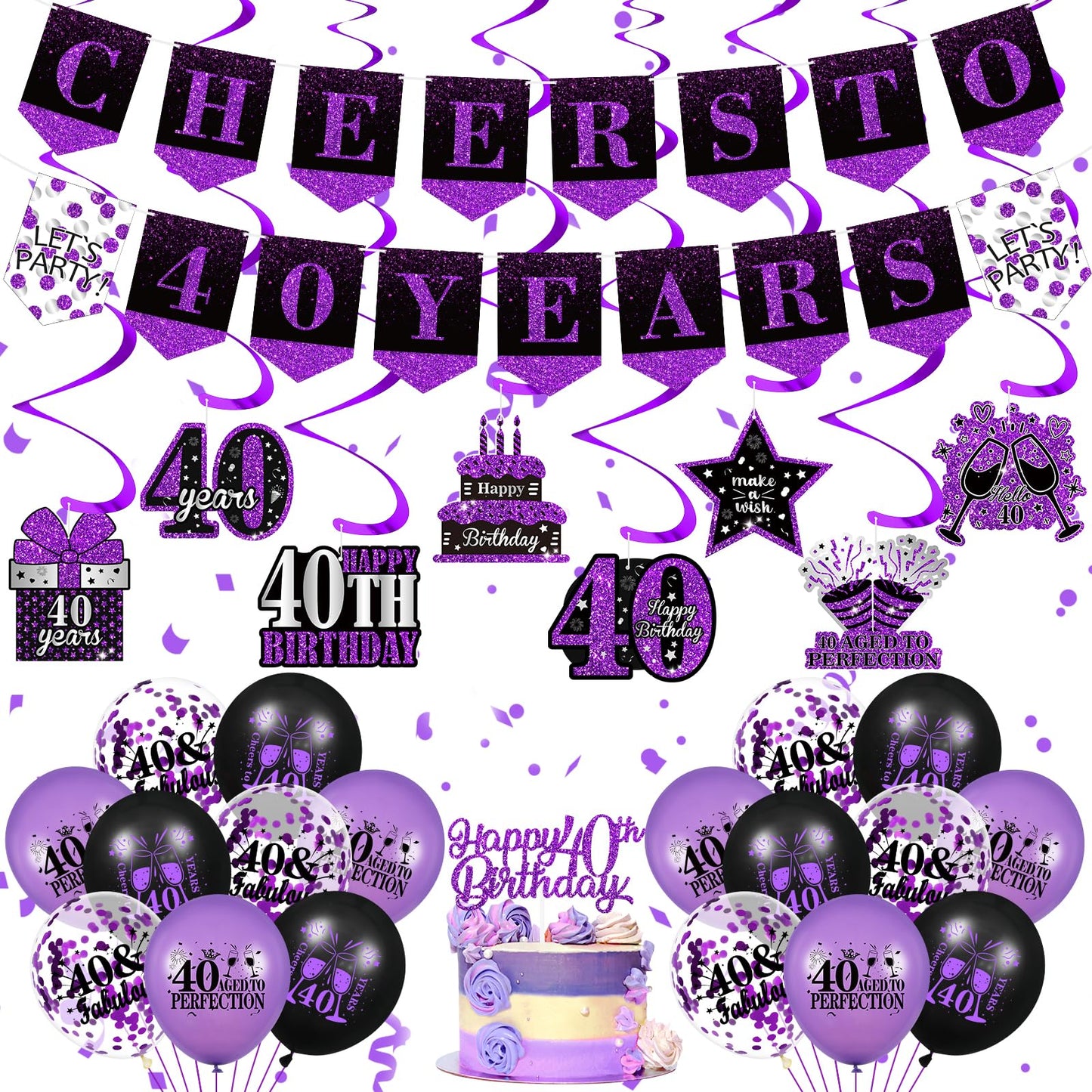 Purple 40Th Birthday Decorations For Women Men Purple Black 40Th Birthday Banner Hanging Swirls 40Th Birthday Balloons Happy 40Th Birthday Cake Topper For Purple Cheer To 40 Years Party Supplies