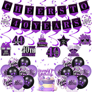 Purple 40Th Birthday Decorations For Women Men Purple Black 40Th Birthday Banner Hanging Swirls 40Th Birthday Balloons Happy 40Th Birthday Cake Topper For Purple Cheer To 40 Years Party Supplies