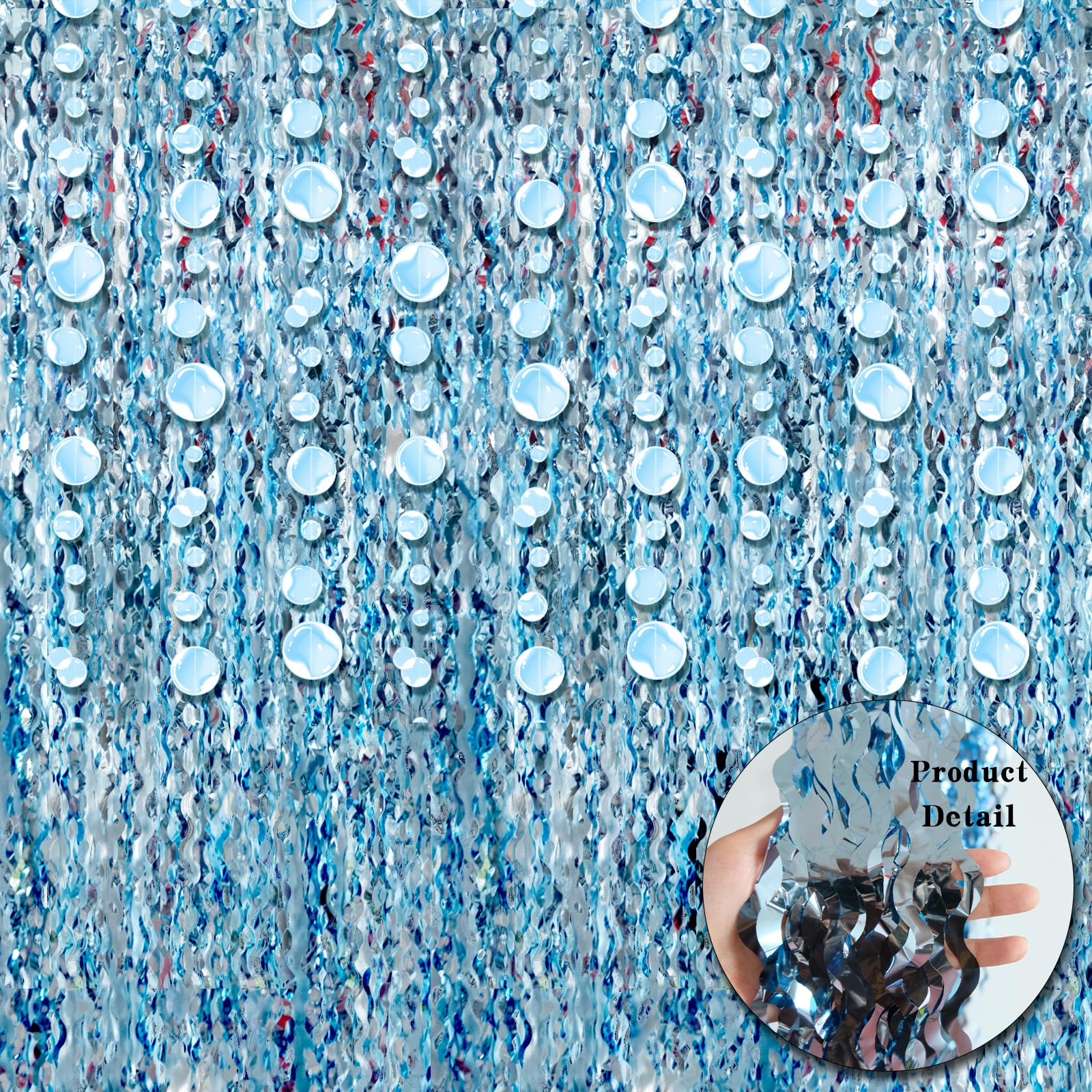 Blue Wave Shaped Streamers Ocean Themed Tinsel Foil Fringe Curtain with Bubble Garlands for Beach Under The Sea Party Decoration