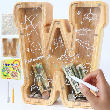 weallbuy Large Letter Piggy Bank for Kids Boys Girls Wooden Personalized Piggy Banks A-Z with Target Area Clear Alphabet Banknote Coin Banks for Gift Decoration Baptism (W)
