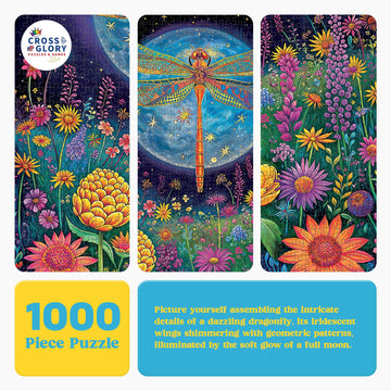 Cross & Glory 1000 Piece Jigsaw Puzzle - Lunar Symphony Dragonfly, 20x27 Inches, Durable Cardboard, Vibrant Nighttime Artwork