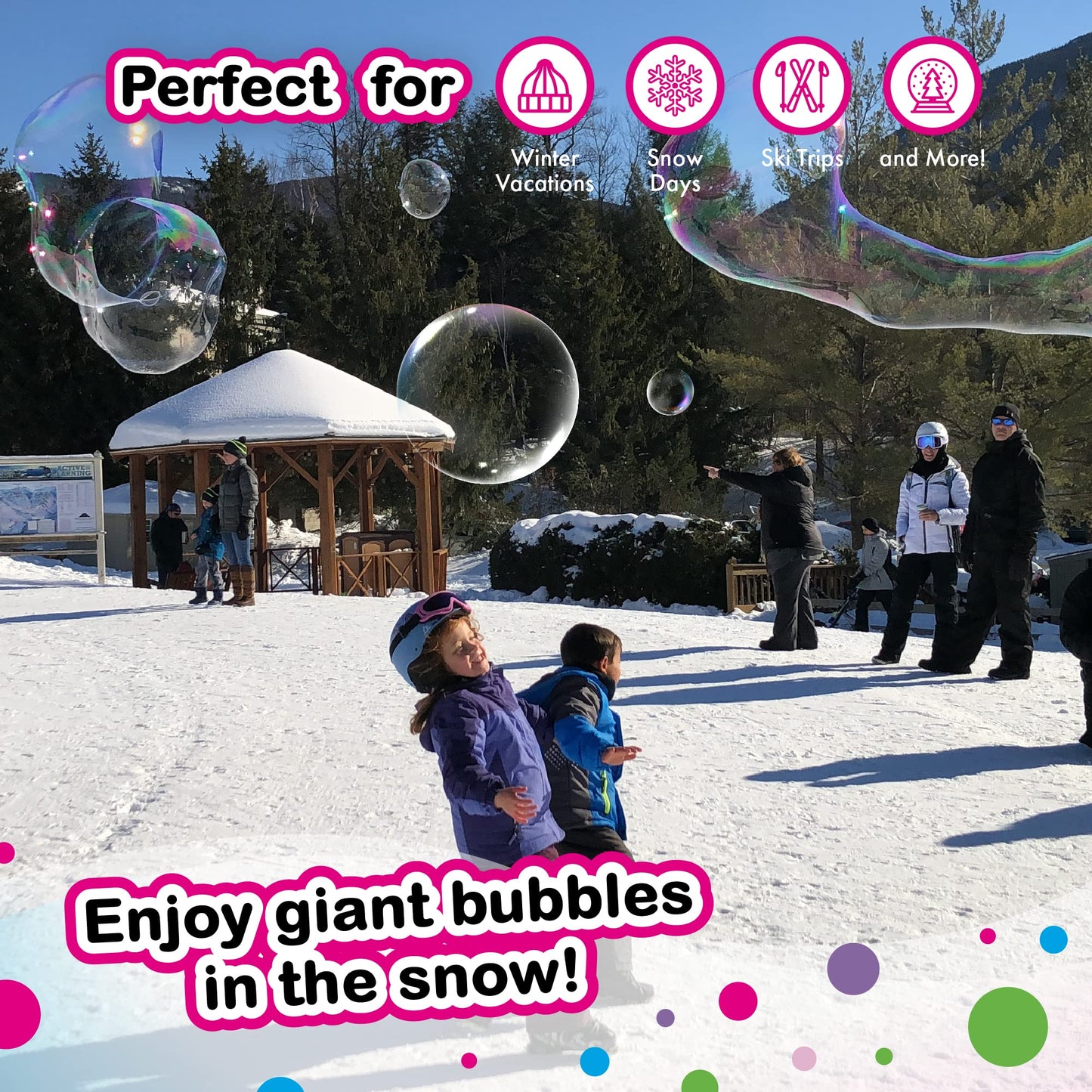 WOWMAZING Giant Bubble Kit Winter - Bubble Wand  2 Big Bubbles Mix Pouches  8 Cold-Activated Stickers for Outdoor Winter Fun |Bubbles Made in USA