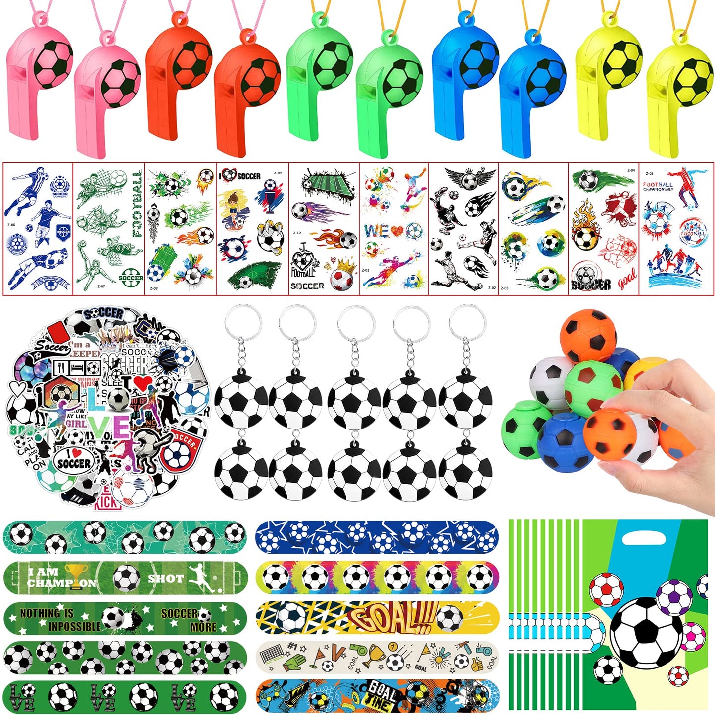 Yujun 112 Pcs Soccer Party Favors Set - Fidget Spinners, Slap Bracelets, Whistles, Tattoos, Stickers, Keychains For Kids' Soccer-Themed Birthday Party