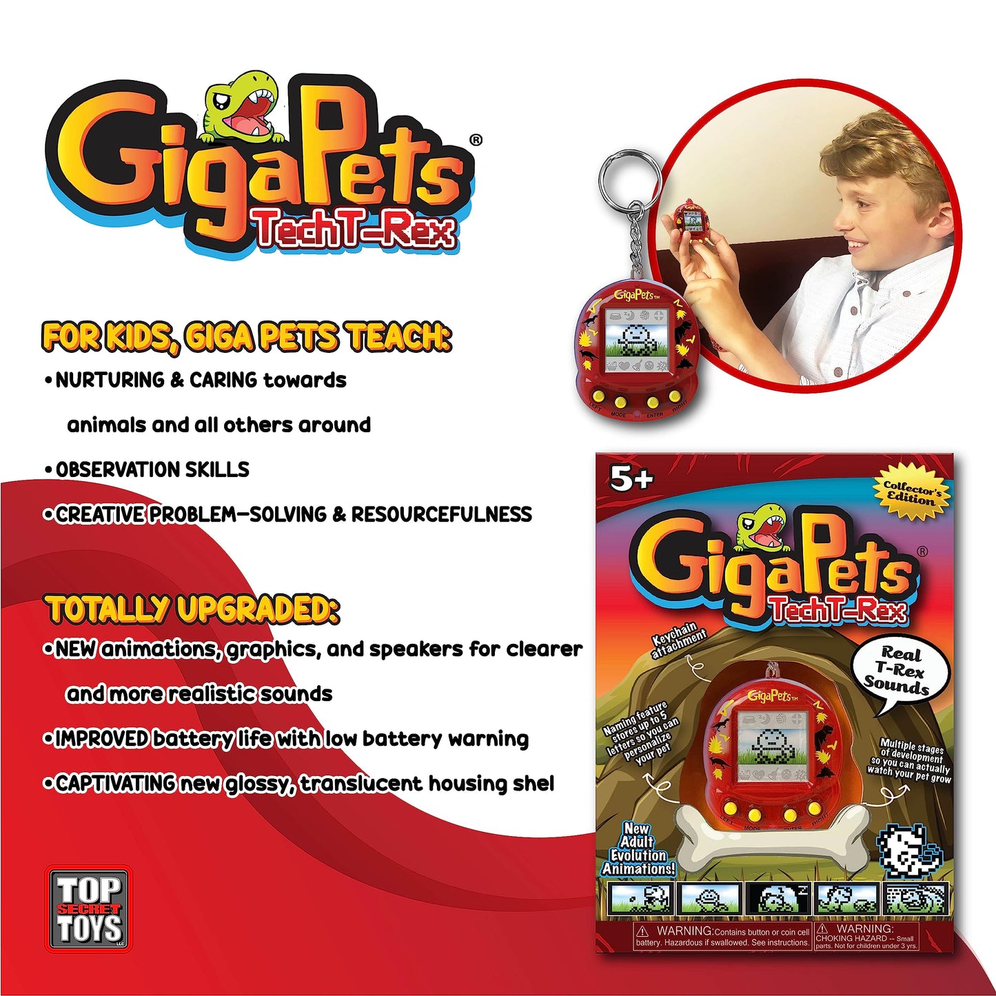Top Secret Toys Giga Pet T-Rex Virtual Pet for Kids 5+, 90s Throwback, Upgraded Collector’s Edition, 2-in-1 Dinosaur Care Game