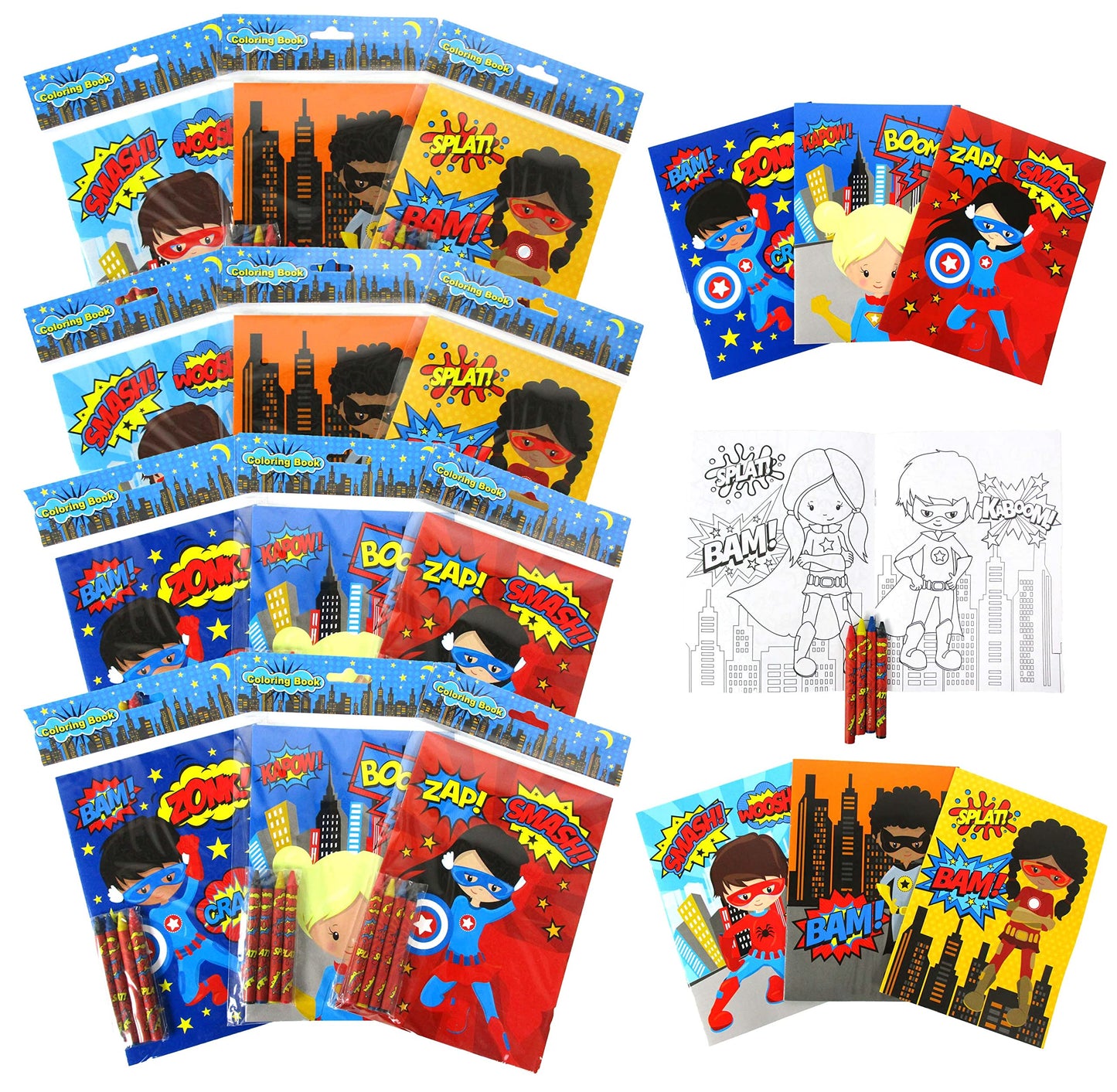 Tiny Mills Superhero Coloring Books for Kids - 12 Books and 48 Crayons Party Favors, Prizes, Favor Bag Filler, Party Supplies