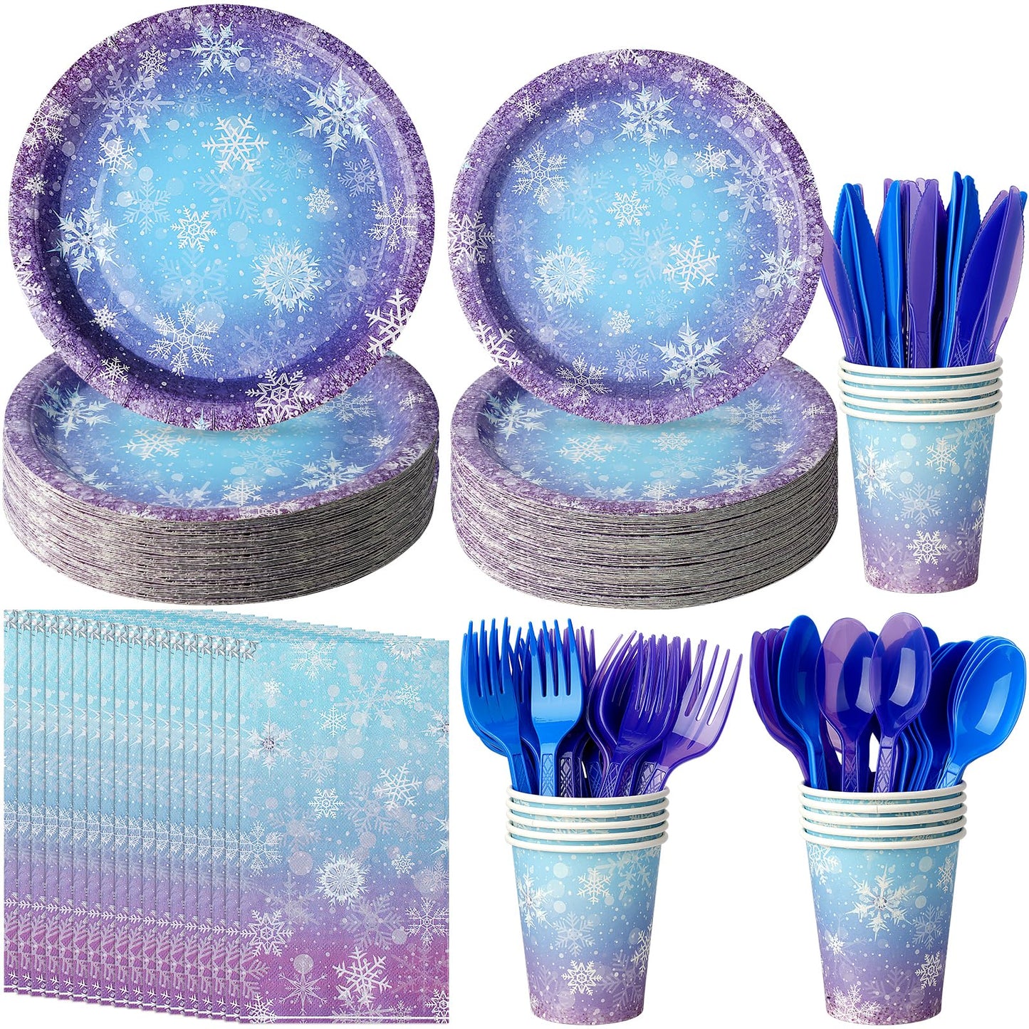Winter Snowflake Paper Plates and Napkins Set, Blue and Purple Snowflake Winter Wonderland Disposable Tableware for Christmas Wi