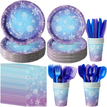 Winter Snowflake Paper Plates and Napkins Set, Blue and Purple Snowflake Winter Wonderland Disposable Tableware for Christmas Wi