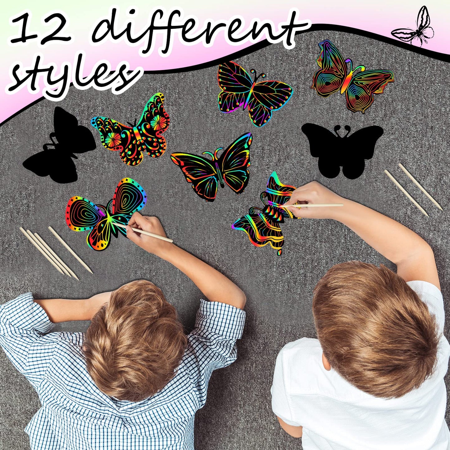 Deekin Butterfly Scratch Cards Art Kit - 72 Pcs Rainbow Craft Set with 36 Bamboo Stylus, 18x25x1.5 cm, Multicolored for DIY Crafts