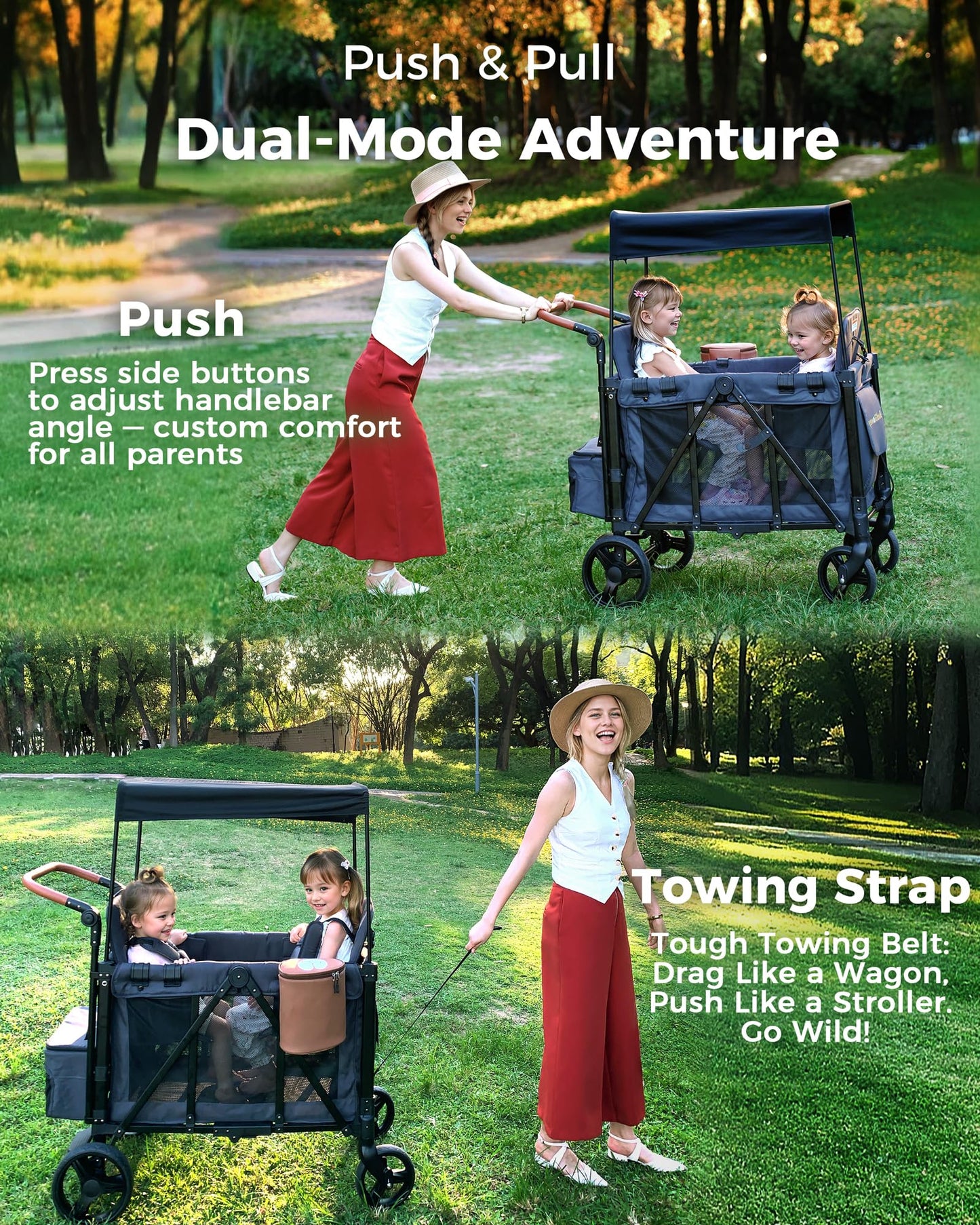 MonGianda Wagon Stroller for 2 Kids, All-Terrain, Foldable, 5-Point Harness, Insulated Snack Pack, Adjustable Handle, Gray, Model BGTFW001