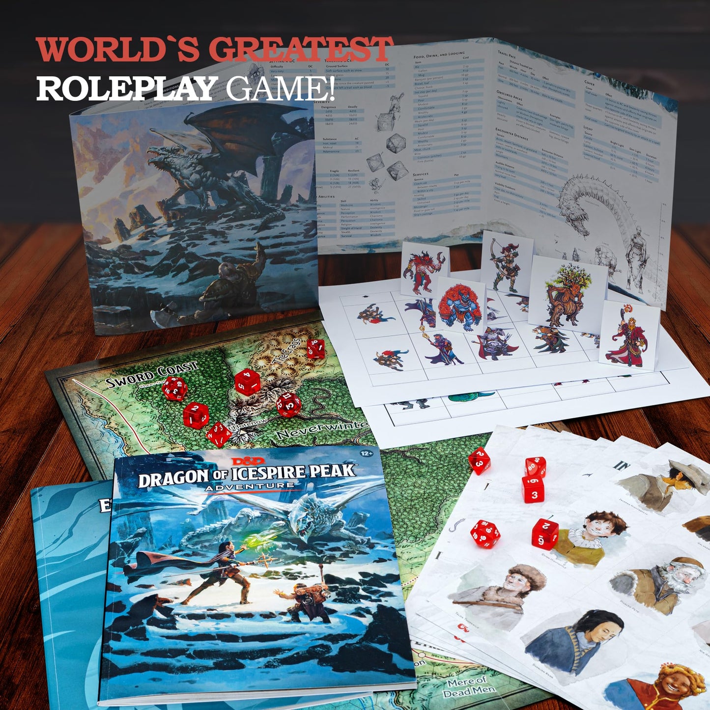 CraftyCrocodile Dungeons and Dragons Essentials Kit - Starter Set with 6 Dice, Figures, Master Screen, Printable Materials - DND 5th Edition