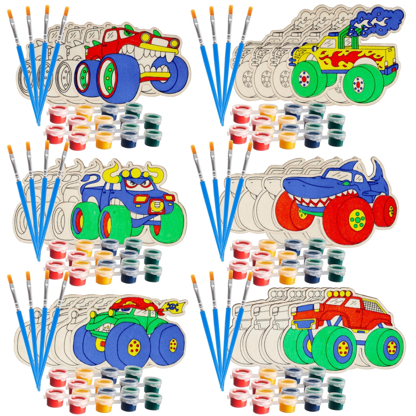 Kids Valentine'S Day Cards - Monster Trucks Wood Painting Craft Kits (24Ct)- Each Valentines Card Includes Craft W Paints, Brush, And Sticker- Make Classroom School Exchange Gifts Fun For Boys & Girls