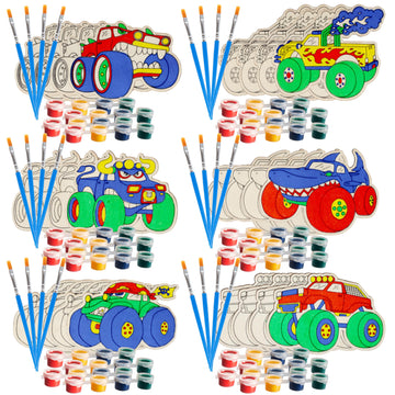 Kids Valentine'S Day Cards - Monster Trucks Wood Painting Craft Kits (24Ct)- Each Valentines Card Includes Craft W Paints, Brush, And Sticker- Make Classroom School Exchange Gifts Fun For Boys & Girls