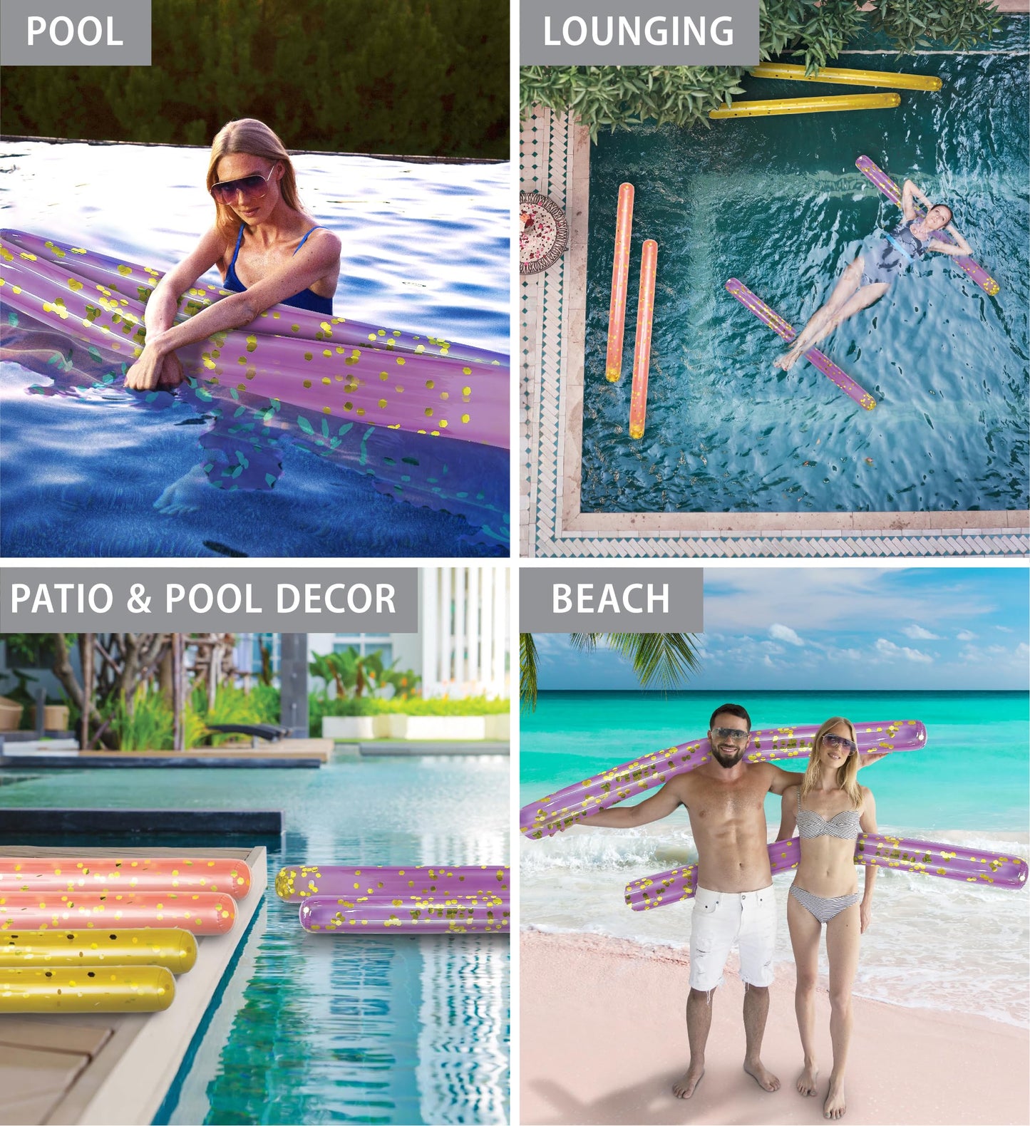POZA 2 Pack Jumbo Inflatable Pool Noodle Floats - 74-inch enhanced elegant Giant Pool Noodle Inflatable Floats  Sparkle Gold Glitter Confetti Pool Float Inflatable Noodles for Ocean  Lake  or Beach