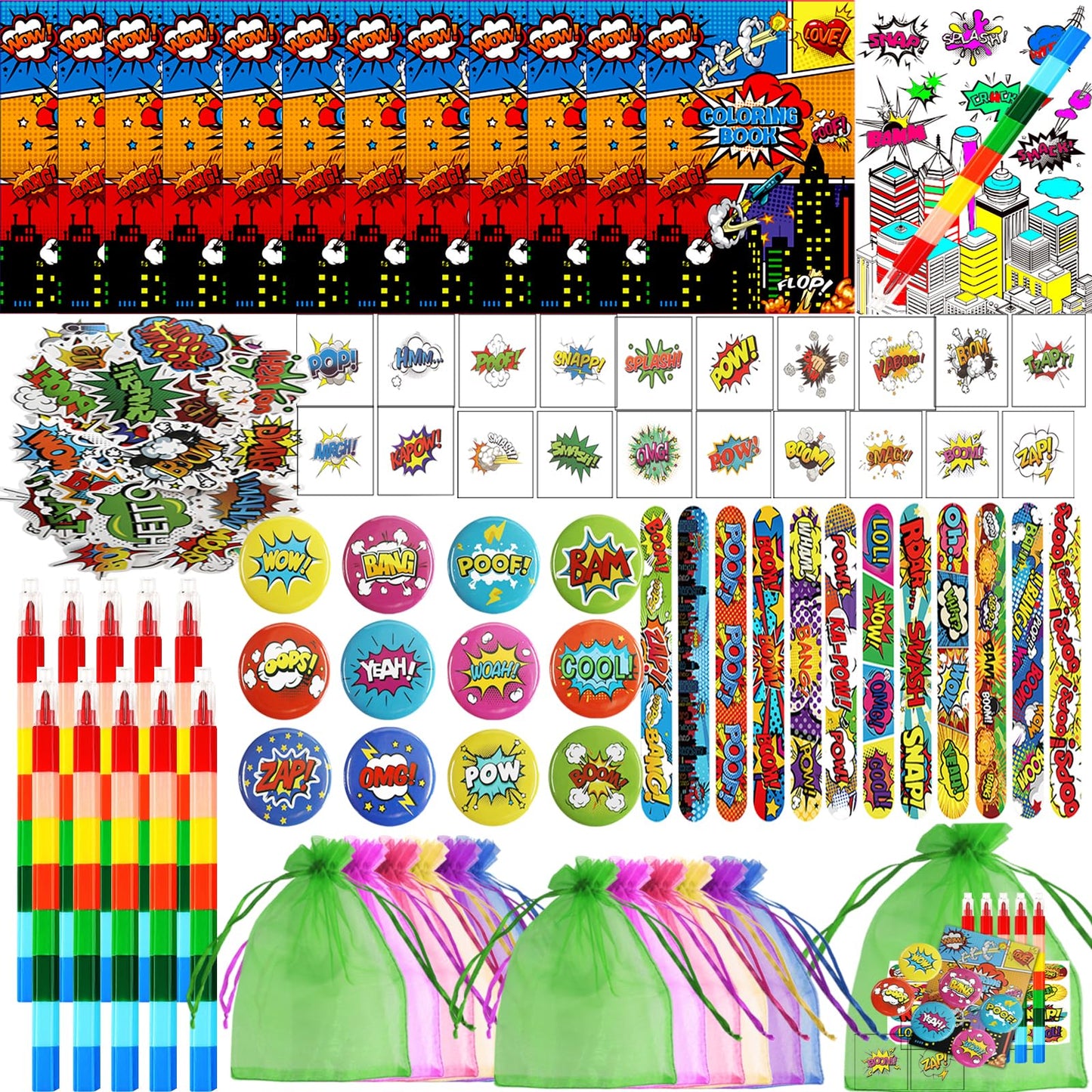 130 PCS Hero Party Favors Kit-Includes Bulk Coloring Book Badge Slap Bracelets Tattoo Sticker Crayons Gift Bag Stickers for Fill