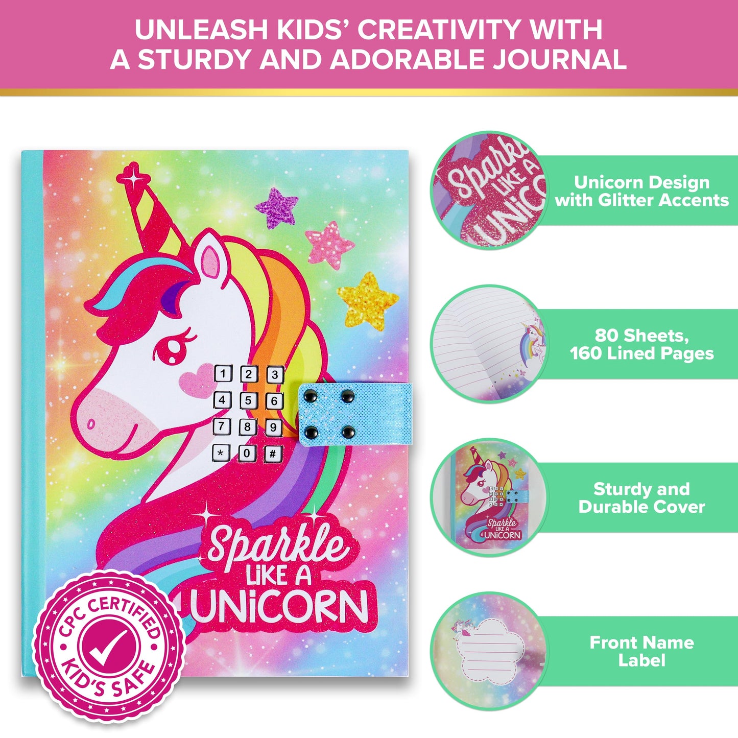 Decorably Glittery A5 Unicorn Journal for Girls Ages 4-8 with Lock Code and Music, 80 Sheets Locking Diary for Girls Ages 8-12 w