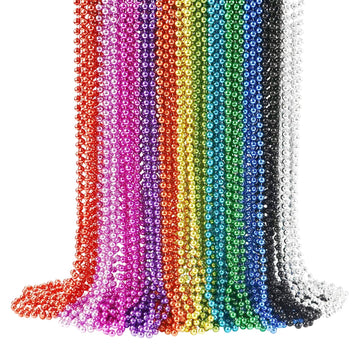 72 PCS Metallic Silver Bead Necklaces, 33 Inch 7 mm Mardi Gras Beads Bulk Round Beaded Necklaces Costume Necklace for Mardi Gras
