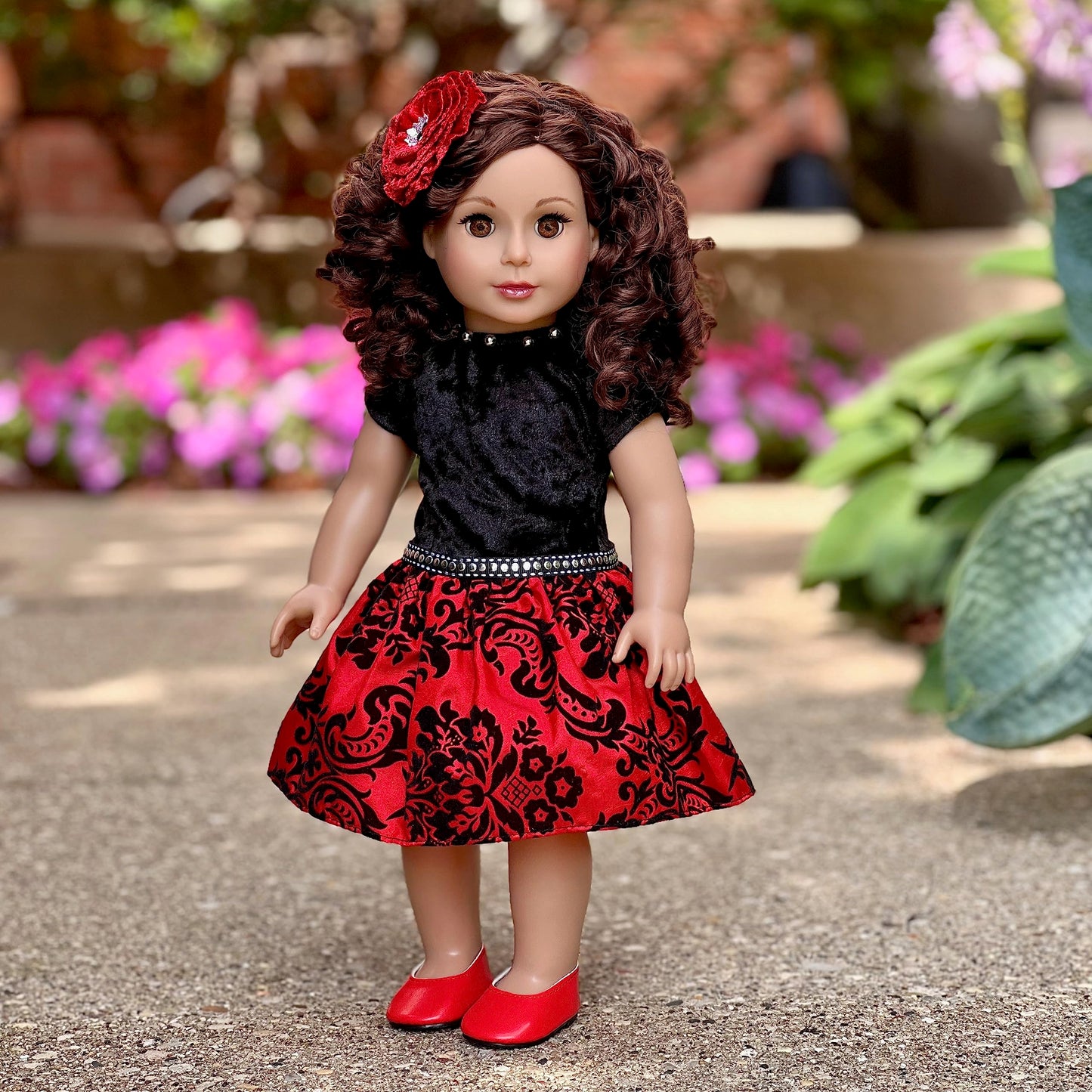 Holiday Spirit - 3 Piece 18 Inch Doll Outfit - Holiday Red Taffeta Party Dress With Red Shoes And Headband - (Doll Not Included)