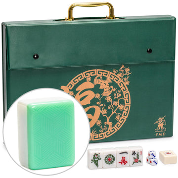 Yellow Mountain Imports Emerald Weave Chinese Mahjong Set, With 146 Large 1.6-Inch Tiles, Green Vinyl Case, Wind Indicator And D