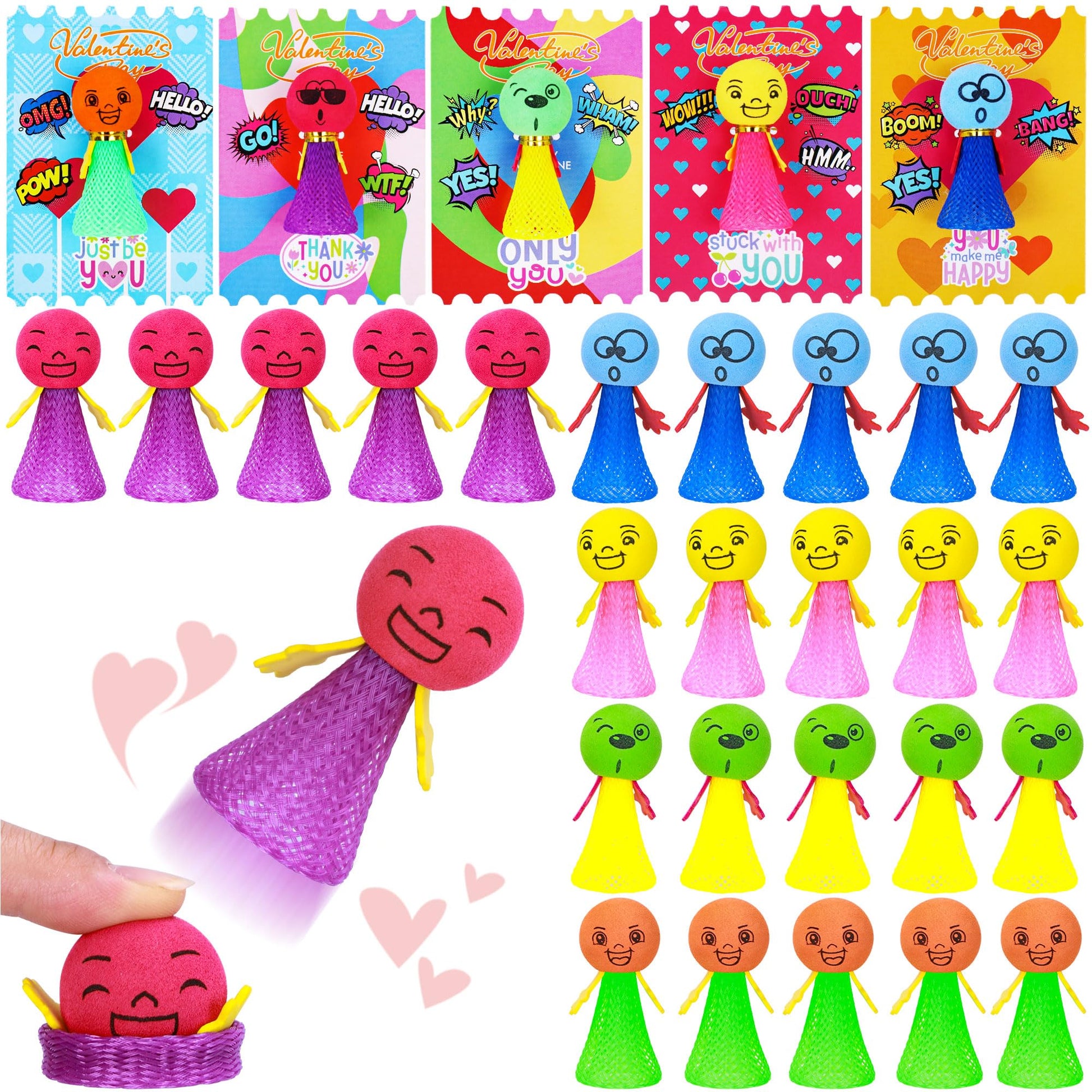 28 Pack Valentines Day Cards for Kids School Classroom Exchange, Jumping Spring Popper Toys with 28 Cards and Gold Strings, Emoj