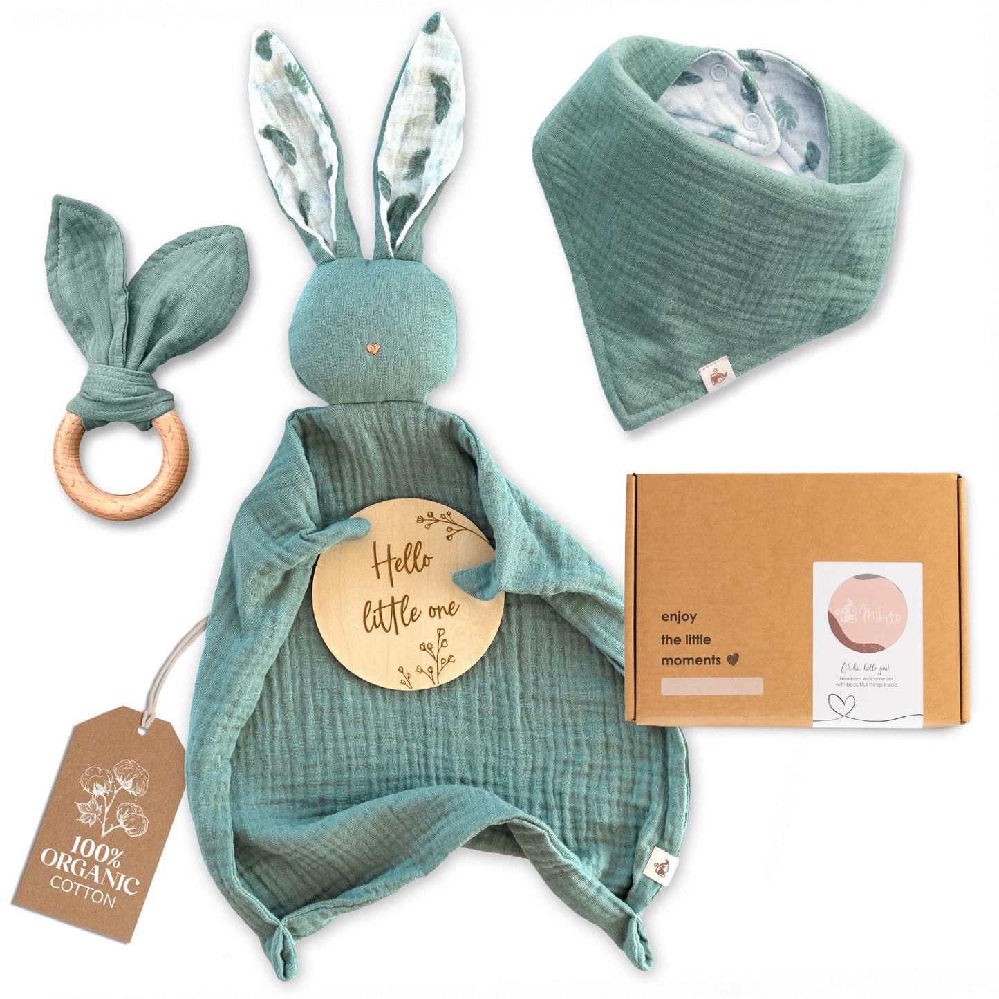 Mikito Organic Cotton Newborn Gift Box  Unisex Baby Gifts Including Muslin Lovey Comforter  Bandana Bib  Wooden Teether & Birth Announcement Sign