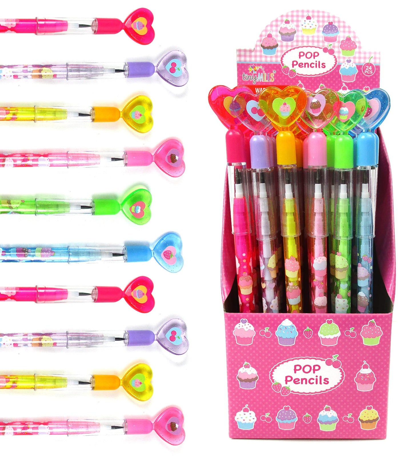 TINYMILLS 24 Pcs Cupcakes Happy Birthday Pencils Multi Point Stackable Pencil with Eraser for Party Favors Goodie Bag Stuffers