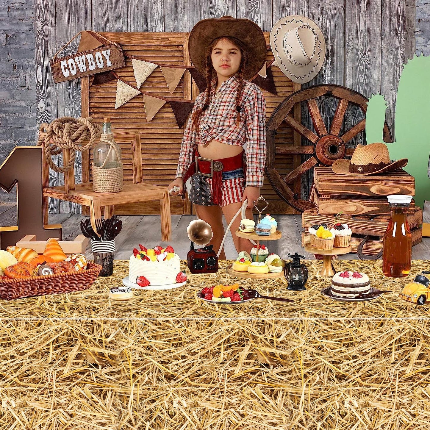 PTECDROTS 4Pcs Straw Tablecovers, Westtern Theme Birthday Tablecloths Plastic Farm Hay Table Cloths for Cowboy Western Party Sup